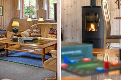 a living room with a couch and a fireplace at BL1112-Saltum-Graabakken-26 in Saltum