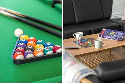 two pictures of a pool table with billiard balls in a tray at BL1118-Saltum-Vesterhavs-Sletten-37 in Saltum
