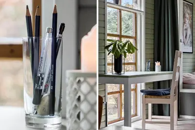 two pictures of a desk with pens in a vase at LF14163-Roslev-Kybehuse-3 in Roslev