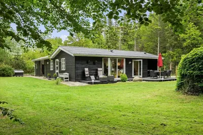 a small black cottage with a yard at LF16240-Logstor-Mollysvej-10 in Løgstør