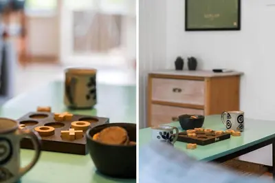 two pictures of a table with cookies and coffee cups at LF11108-Struer-Barsidalvej-8 in Struer