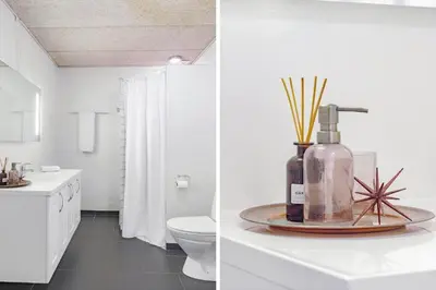 a bathroom with a toilet and a bottle on a counter at LF14211-Roslev-Vile-Vestergardvej-34-Lejl-A-tv in Roslev