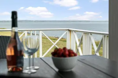 a bottle of wine and a bowl of fruit on a table with a glass at LF12183-Vinderup-Avej-28 in Vinderup
