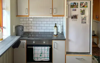a kitchen with a refrigerator and a bottle of wine at Beautiful Home In Pandrup With Wifi in Pandrup