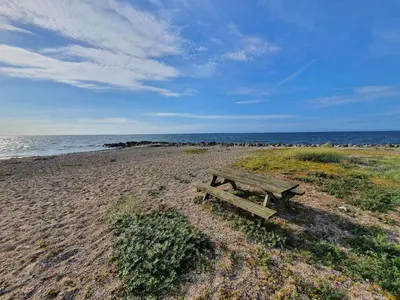 a wooden bench sitting on a beach near the ocean at 10 person holiday home in Ranum in Ranum