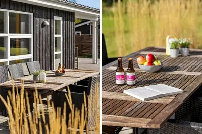 a picnic table with bottles of beer and a bowl of fruit at JB241-Fjerritslev-Lyngstien-25 in Fjerritslev