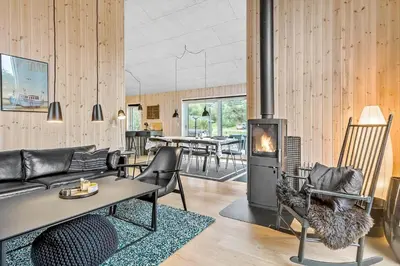 a living room with a couch and a fireplace at JB164-Fjerritslev-Poppelvej-16 in Fjerritslev