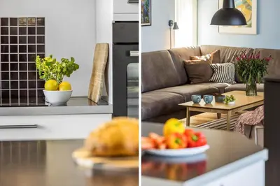 two pictures of a kitchen and a living room at JB299-Brovst-Kronvildtvej-224 in Brovst