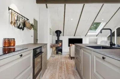 a large kitchen with a stove and a fireplace at JB273-Fjerritslev-Hasselvej-39 in Fjerritslev