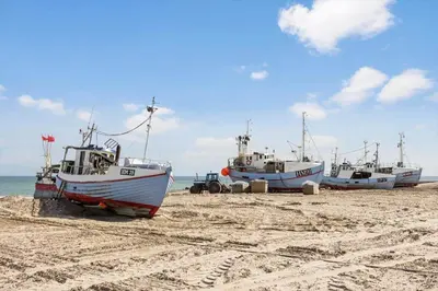 three boats sitting on the sand on a beach at JB115-Fjerritslev-Blabaerstien-9 in Fjerritslev