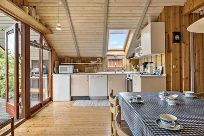 a kitchen and dining room with a table in a cabin at JB361-Fjerritslev-Lyngbjergvej-58 in Fjerritslev