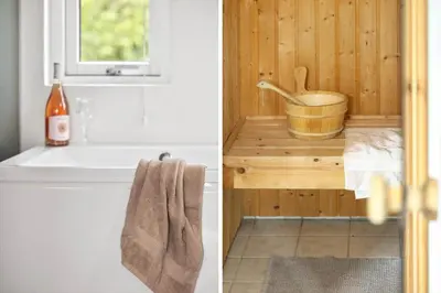 two pictures of a bathroom with a tub and a sink at JB359-Brovst-Kronvildtvej-242 in Brovst