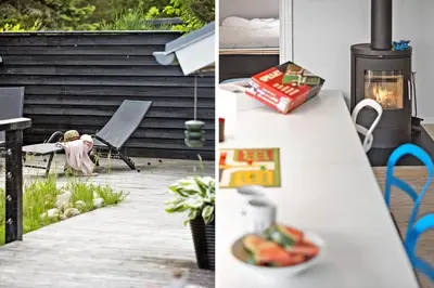 two pictures of a kitchen with a table and a stove at JB400-Brovst-Solsortevej-7 in Brovst