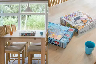 two pictures of a dining room table with boxes of toys at JB209-Fjerritslev-Egevej-22 in Fjerritslev