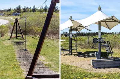 two pictures of a swing set and an umbrella at JB316-Brovst-Kronvildtvej-250 in Brovst