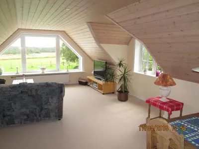 a living room with a couch and a tv at Bakkegården Homestay in Spottrup