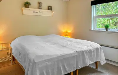 a bedroom with a bed with a white blanket at Awesome Home In Farsø With Sauna in Farsø
