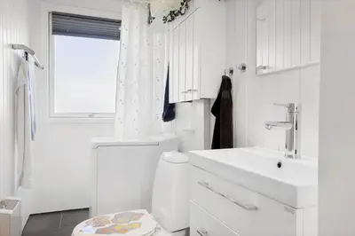 a white bathroom with a toilet and a sink at LF14058-Roslev-Eskovvej-58 in Roslev