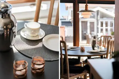 two pictures of a table with a cup and a coffee mug at 719-Thyboron-Fanovej-3 in Thyborøn