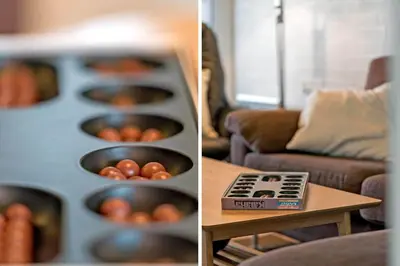 two pictures of a living room with a bowl of eggs at G186-Lemvig-Vinkelhagevej-186 in Lemvig