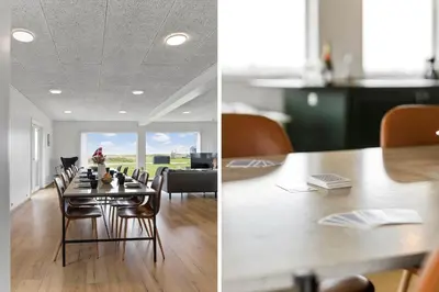two pictures of a dining room with a table and chairs at 820-Harboore-Bjergehusvej-19 in Harboør