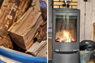 a stove with a fire in it next to a pile of wood at 534-Lemvig-Lokkevej-13 in Lemvig