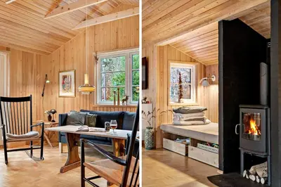 two pictures of a living room with a fireplace at JB238-Brovst-Baunehojvej-37 in Brovst