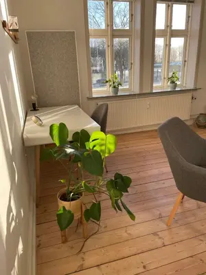 a room with a table and a potted plant at Lejlighed midt i Thisted in Thisted