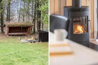a wood stove with a fire in a yard at JB372-Fjerritslev-Ronnevej-3