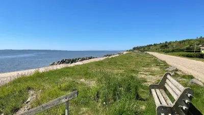 a wooden bench sitting on the side of a beach at Villavilla 542 - Hostrup Strand, Limfjorden in Spottrup