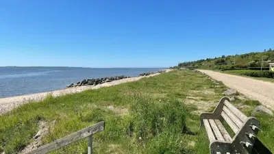 a wooden bench sitting on the side of a beach at Villavilla 431 - Hostrup Strand, Limfjorden in Spottrup