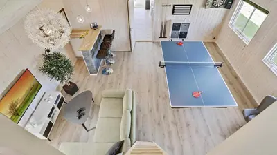 an overhead view of a living room with a couch at Villavilla 405 - Hostrup Strand, Limfjorden in Spottrup