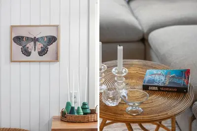 two pictures of a table with a butterfly on the wall at BL1148-Blokhus-Havorns-Alle-6 in Blokhus