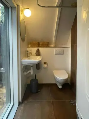 a small bathroom with a toilet and a sink at Cosy Little Wooden House On Natural Grounds in Vestervig