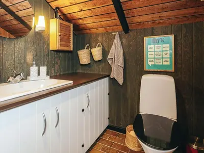 a bathroom with a sink and a toilet at Holiday home near fishing lake in Fjerritslev