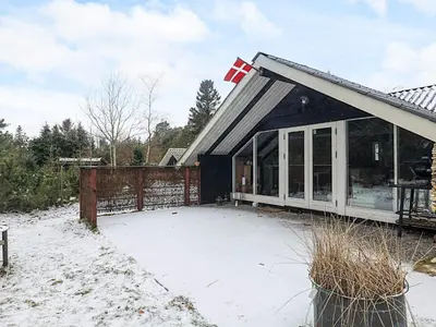 a black house with a flag on top of it at Holiday home near fishing lake in Fjerritslev