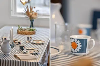 two pictures of a table with a coffee cup on it at BL1154-Blokhus-Kornblomstvej-22 in Blokhus