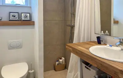 a bathroom with a sink and a shower and a toilet at Awesome Home In Erslev With Wifi in Erslev
