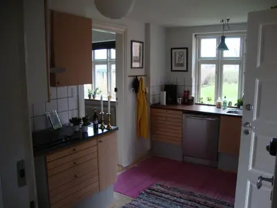 a kitchen with wooden cabinets and a window at Klosterpensionen Annex in Viborg
