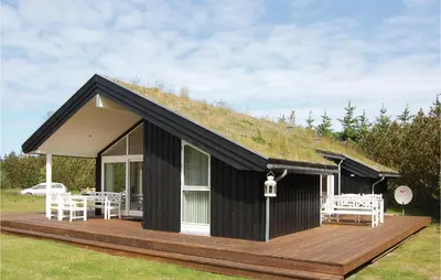 a black house with a grass roof with a deck at Holiday Home Pandrup 07 in Pandrup
