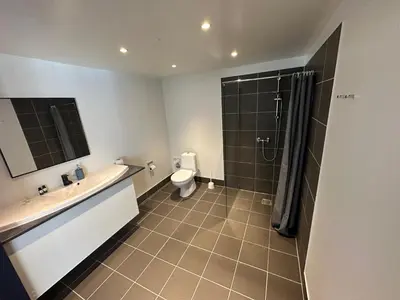 a bathroom with a toilet and a sink and a shower at Løgstør Parkhotel in Løgstør