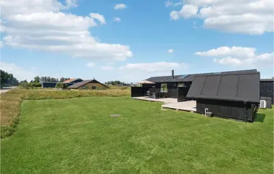 a house with a black roof on a green field at Three-Bedroom Holiday Home In Thisted in Nørre Vorupør
