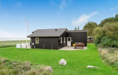a black house in a field with a yard at Three-Bedroom Holiday Home In Skals in Skals