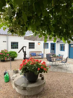 a garden with flowers and a fountain in front of a house at Porshus Ferielejlighed in Sundstrup