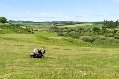 a golf cart driving through a field of grass at HimmerLand in Gatten