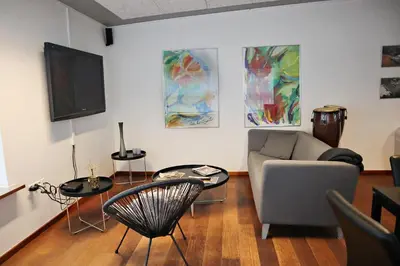 a living room with a couch and a tv at Plexus Hytterne in Holstebro