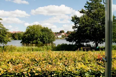 a view of a river from a field of flowers at Golf Hotel Viborg in Viborg