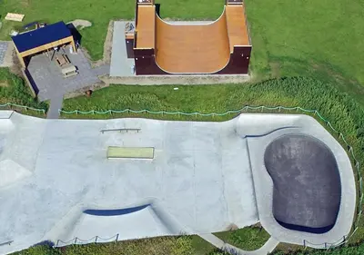 an aerial view of a skate park with a skateboard ramp at Thyborøn Cottages in Thyborøn