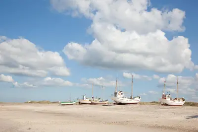a group of boats sitting on the beach at Rønnes Hotel in Fjerritslev