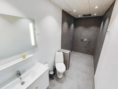 a bathroom with a shower and a toilet and a sink at Rønnes Hotel in Fjerritslev